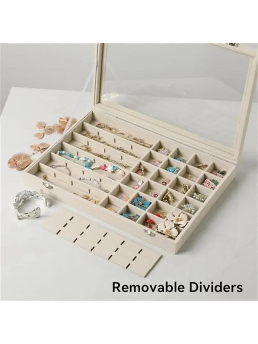 48 Grid Jewelry Organizer Tray Glass Lid Velvet Ring Earring Display Storage Box